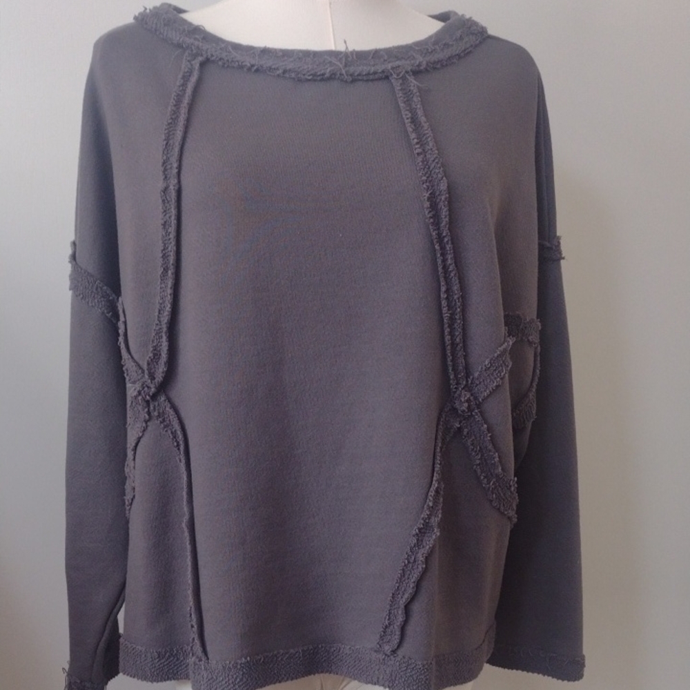 Large BUCKETLIST Charcoal Raw-Trim Relaxed Pullover Oversized Grunge Raw Edge